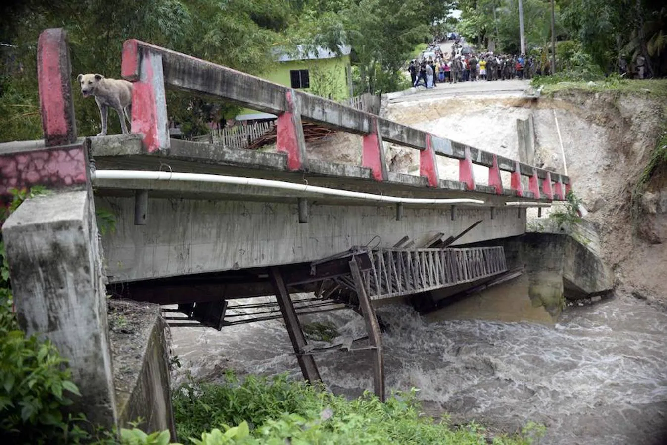 Imagen de un puente destrozado tras el paso del huracán Earl por Guatemala