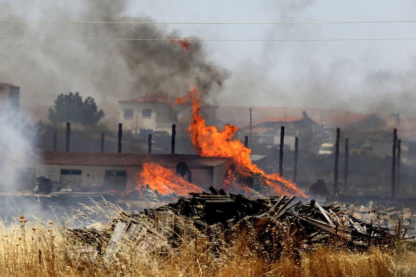 Llamas del incendio forestal declarado en torno a una y media de la tarde de hoy en el municipio salmantino de Miranda de Azán (Salamanca). 