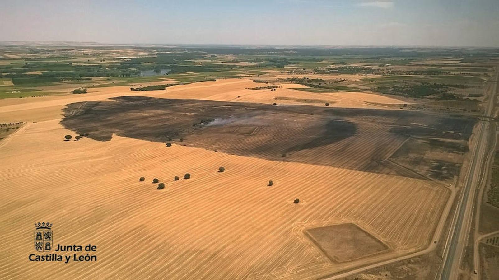 Imagen del incendio forestal que ya se encuentra a cero el nivel de alerta, declarado en las inmediaciones de las vías en el término municipal de Toro (Zamora). 