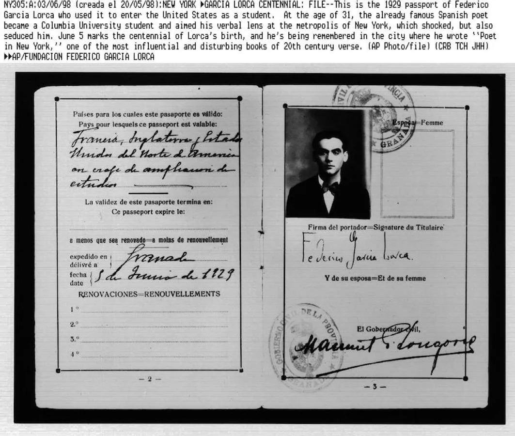Este es el pasaporte que en 1929 Federico García Lorca utilizó para entrar en Estados Unidos como estudiante. A la edad de 31, ya era famoso poeta en España. Ingresó en la Universidad de Columbia. 
