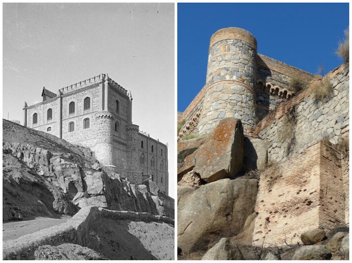 Edificio de Santiago hacia 1890 fotografiado por Alguacil (Archivo Municipal de Toledo) y su alzado en 2016 con impactos aún visibles (Rafael del Cerro). 