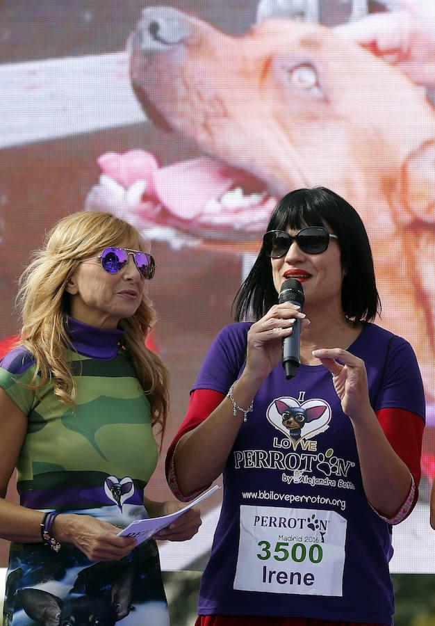 Irene Villa se dirige al público asistente al término de la V Carrera Solidaria por la Adopción y Tenencia Responsable de Animales de Compañía, "Perrotón 2016", celebrada en Madrid