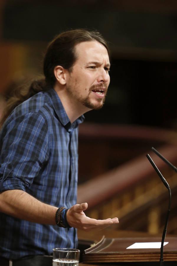 El secretario general de Podemos, Pablo Iglesias, durante su discurso este sábado en la Cámara Baja. 