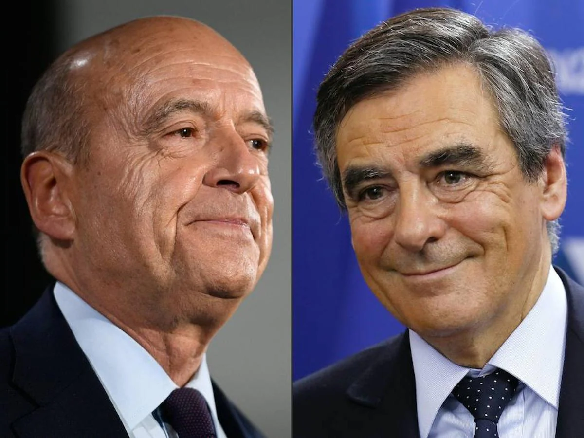 Fotomontaje que combina los rostros de los dos candidatos con más posibilidades a liderar el partido Los Republicanos en las próximas elecciones presidenciales en Francia: Alain Juppe y François Fillon.