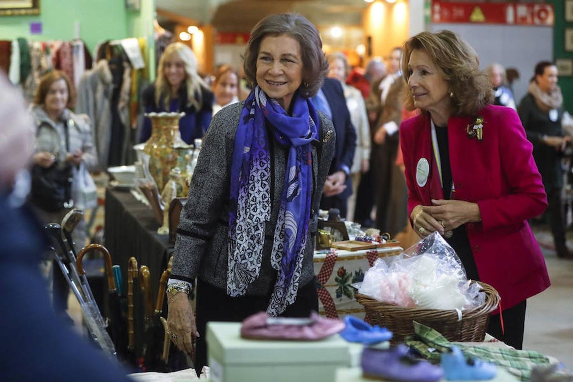 El Rastrillo vivió ayer su día más grande con la esperada visita que Doña Sofía realizó al pabellón de Cristal de la Casa de Campo. Vestida con un pantalón negro y chaqueta jaspeada en gris. 
