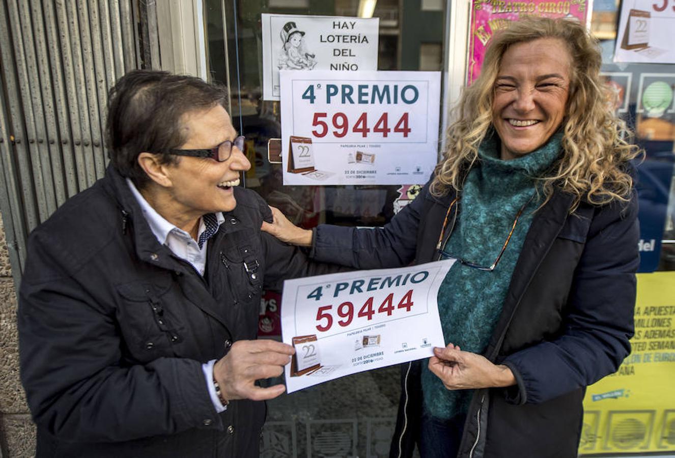 El 59.444, cuarto premio del Sorteo Extraordinario de la Lotería de Navidad, ha sido vendido en parte en el establecimiento de prensa y lotería de Pilar Díaz en Toledo, que por tercer año consecutivo ha repartido suerte. Efe