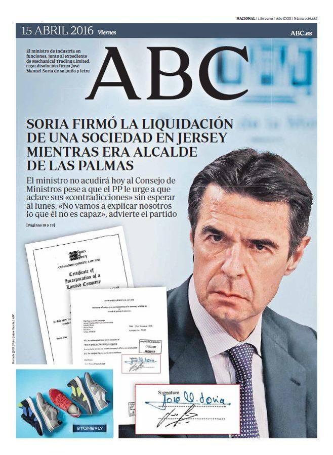 La dimisión del ministro José Manuel Soria por su aparición en los papeles de Panamá fue uno de los momentos más críticos que atravesó el PP durante este año 2016. ABC - 15 de abril de 2016