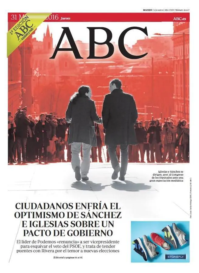 Pedro Sánchez buscó el apoyo de Podemos y los nacionalistas hasta el último momento. Algo que terminó provocando el rechazo de Ciudadanos. ABC - 31 de marzo de 2016