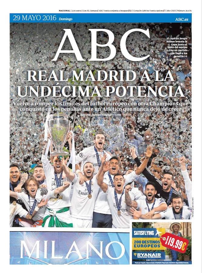 El Real Madrid ganó la Undécima Copa de Europa en otra final contra el Atlético de Madrid. Esta vez, el equipo blanco venció desde el punto de penalti. ABC - 29 de mayo de 2016