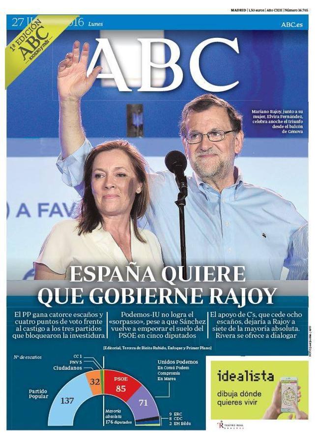 En las segundas elecciones, Mariano Rajoy incrementó su distancia, Ciudadanos perdió terreno y el PSOE no se vio adelantado por Podemos, que fantaseó durante meses con la posibilidad del «sorpasso». ABC - 27 de junio de 2016