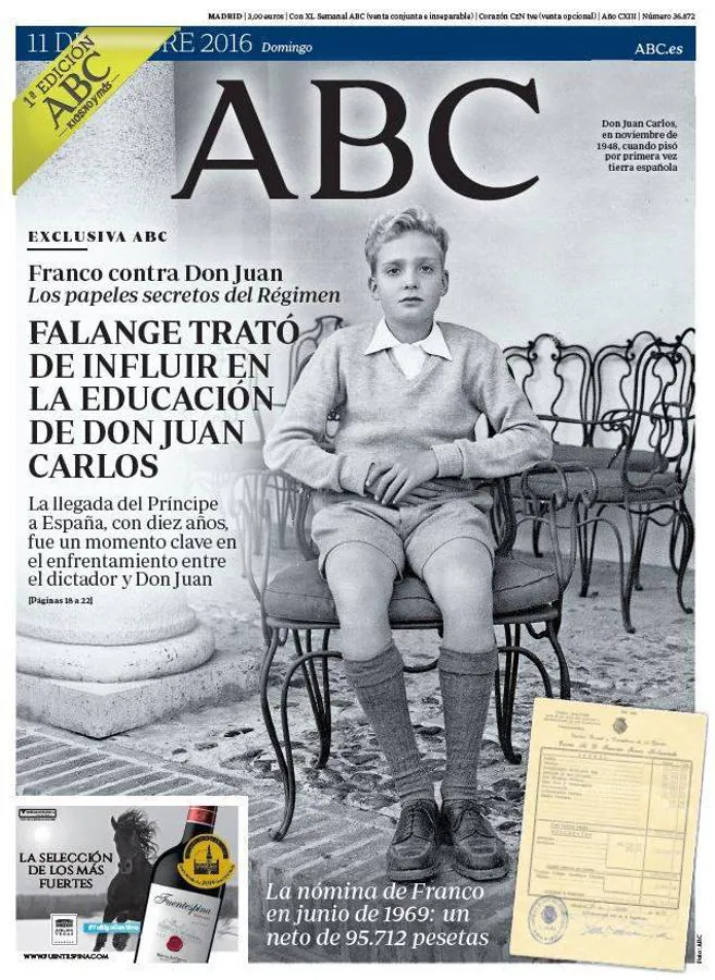 Exclusiva ABC - Este diario accedió a unos documentos inéditos del Régimen de Franco en los que se observa cómo Falange quiso influir en la educación de Don Juan Carlos. También ABC tuvo acceso a la nómina del dictador: 95.712 pesetas al mes en 1969