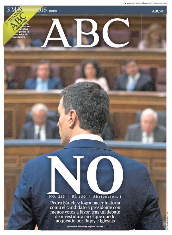 Al final, Pedro Sánchez se presentó a la investidura con el apoyo de Ciudadanos, consiguiendo la mayor derrota que se haya visto en un debate de investidura