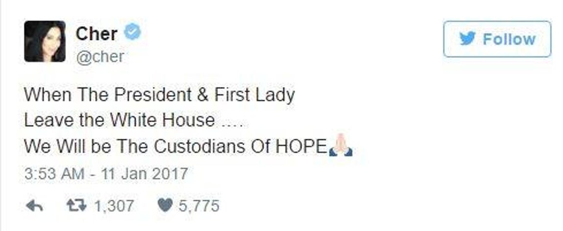 Cher (cantante). «Cuando el Presidente y Primera Dama dejen la Casa Blanca... Seremos los Custodios de la ESPERANZA»