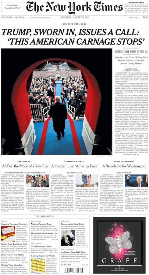 La portada de «The New York Times» abre con la fotografía de Donald Trump de espaldas poco antes de ser investido como presidente de Estados Unidos. Titula: «Trump hace el juramento a la llamada de: La carnicería de América termina"».. 