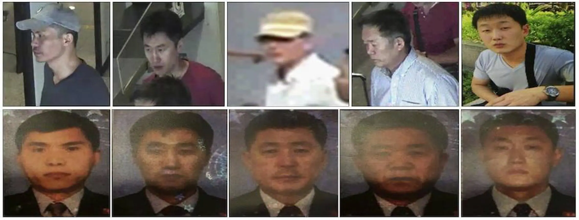 Cinco sospechosos buscados por la policía: son los ciudadanos norcoreanos (i-d fila de arriba) Ri Ji Hyon, Hong Song Hac, O Jong Gil, Ri Jae Nam y Ri Ji U junto a sus respectivas fotografías de pasaporte