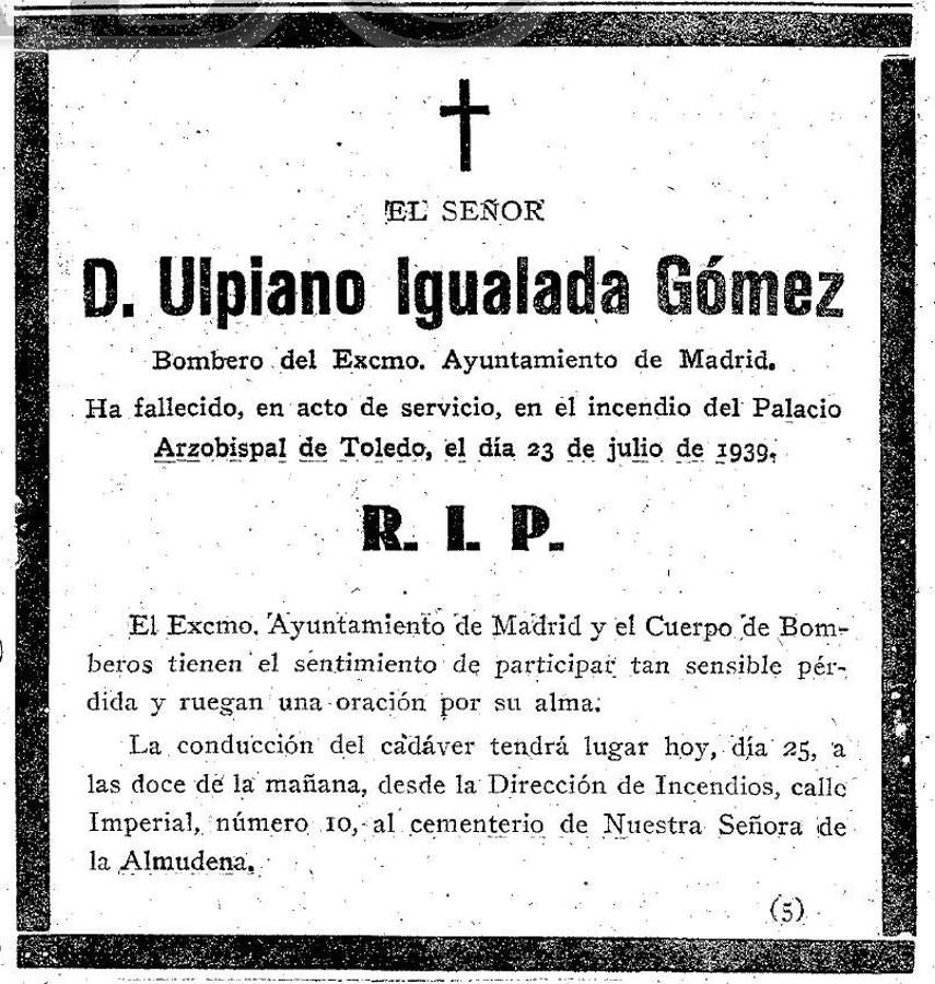 Esquela del bombero Ulpiano Igualada, aparecida en las páginas de ABC. 