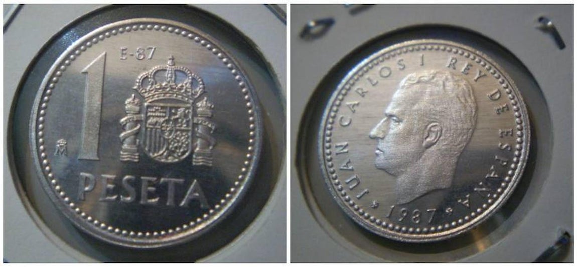 Peseta 1987 E-87. Fue acuñada con motivo de la III Exposición Nacional de Numismática. Los coleccionistas suelen pagar unos 45 euros por ella.. identificacion-numimastica.com