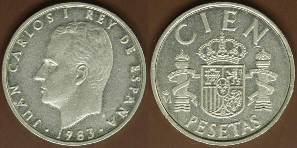 100 Pesetas 1983. Los míticos «20 duros» están representados por esta dorada moneda de 1983, valorada en 55 euros.. Numismática Llamas