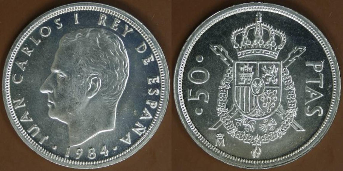 50 Pesetas 1984. Antes de que se estableciera el nuevo sistema monetario en 1990, circulaban enormes monedas de 50 pesetas, que ya alcanzan el valor de 60 o 70 euros.. Numismática Llamas
