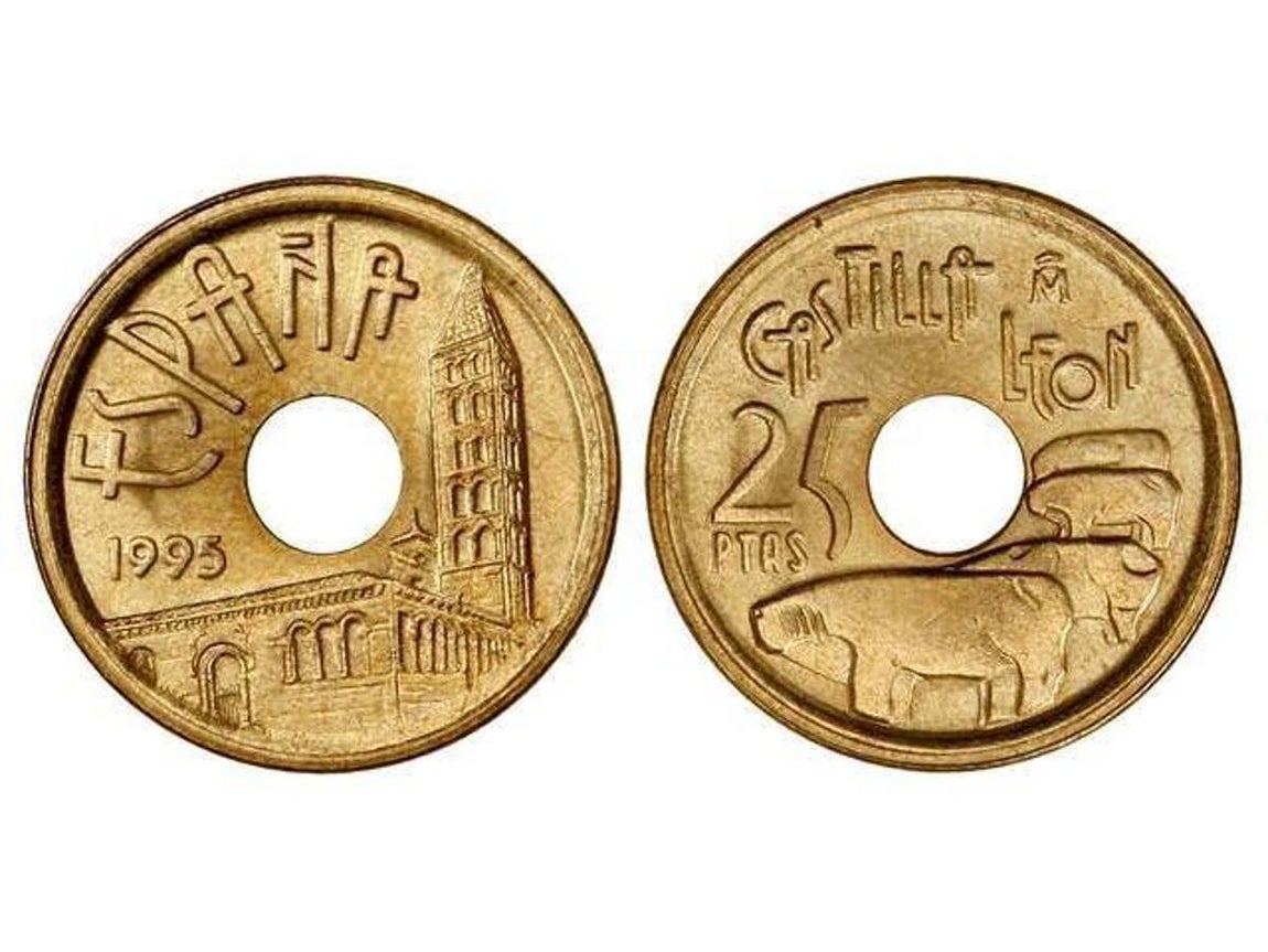 25 Pesetas 1995. Se trata de la mítica moneda de «cinco duros» con un agujero en su centro, dedicada cada año a una Comunidad Autónoma. Los coleccionistas pagan por ella unos 100 euros en la actualidad.. Numisjoya