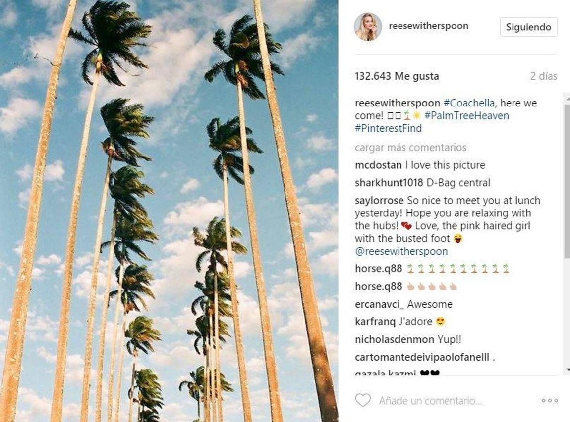 Reese Witherspoon. La actriz también ha elegido como destino el festival de música californiano