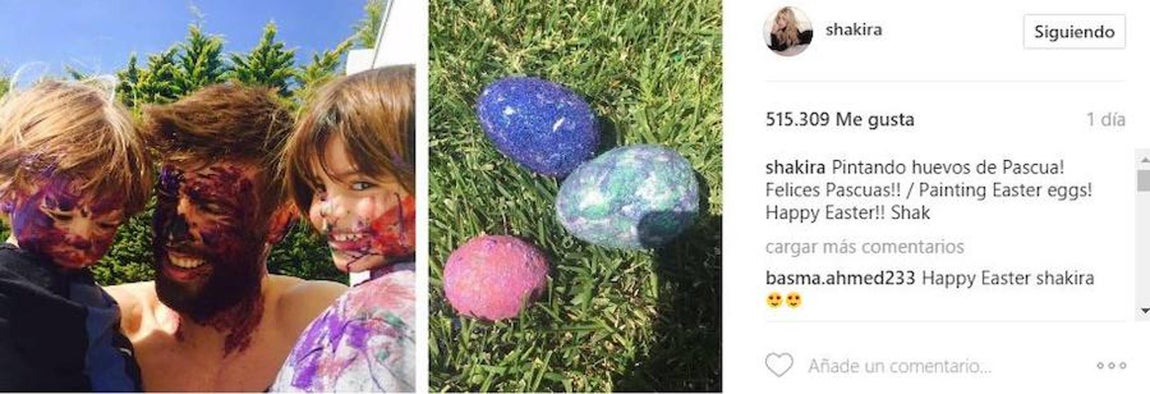 Shakira. Los 35 millones de seguidores de la cantante han podido ver la fotografía en la que tanto su marido como sus hijos aparecen embadurnados de pintura y chocolate de los huevos de Pascua