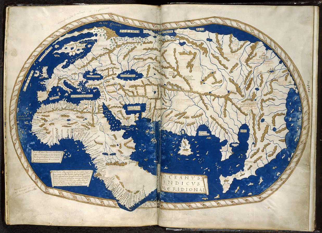 El mapa de Martellus, con África desproporcionada y una cola de dragón en Asia. 