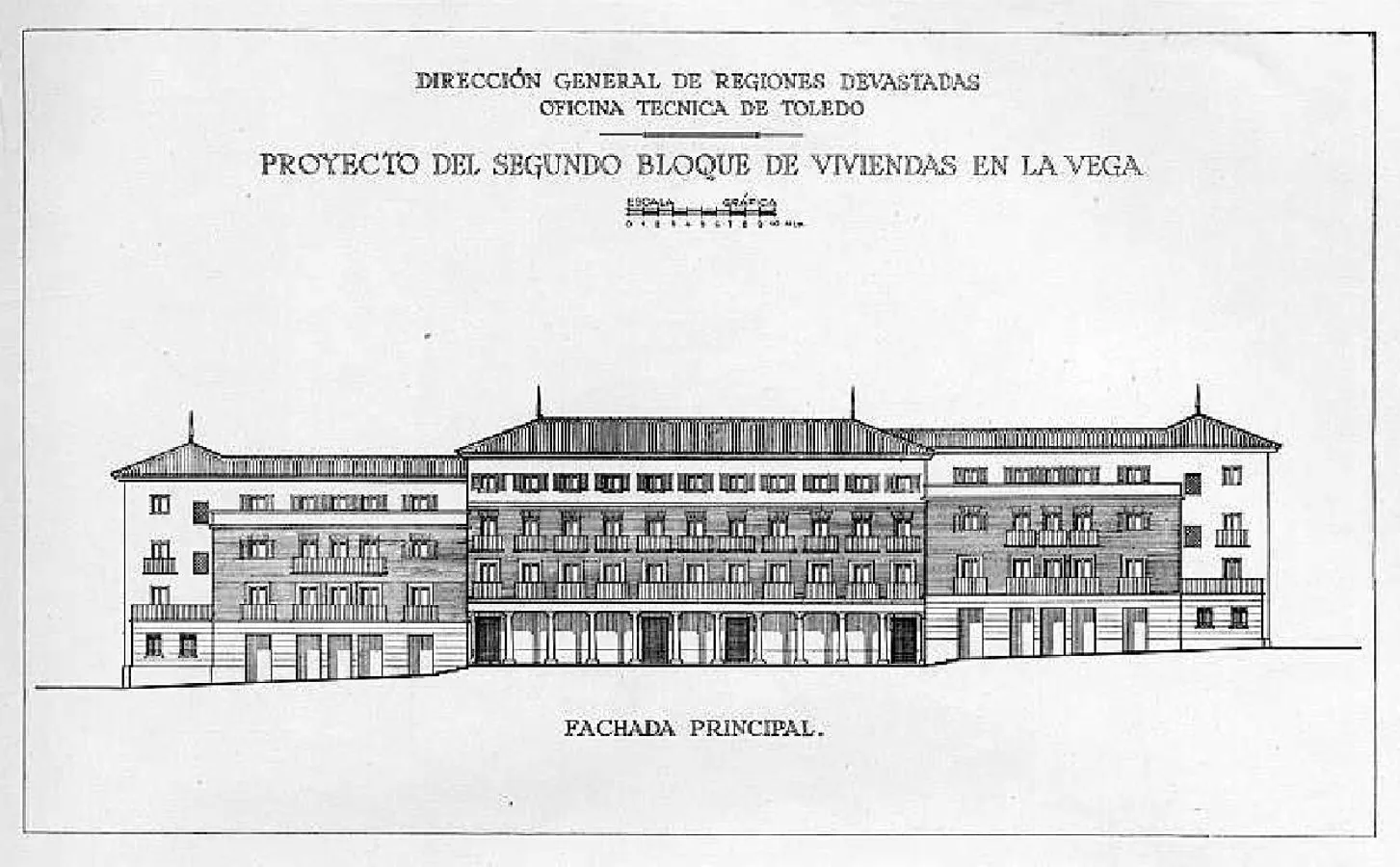 Alzado del segundo Bloque por Fernández Vallespín en la revista Reconstrucción (1947). Web Archivo Municipal de Toledo.