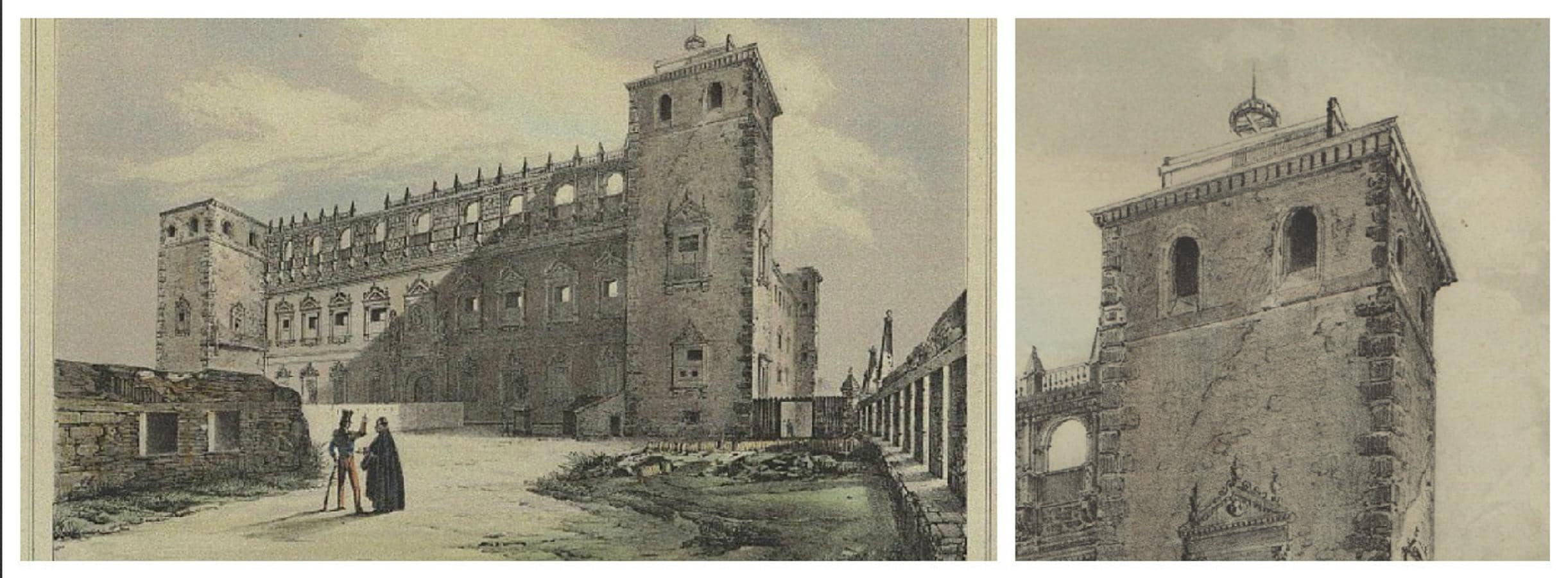 Fachada norte del Alcázar en 1848. Álbum artístico de Toledo, ilustrado por Doroteo Bachiller. Detalle del telégrafo óptico de Mathé en el torreón NO que se retiró hacia 1857