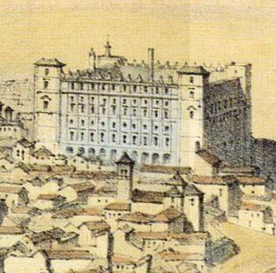 El Alcázar «a vista de pájaro» por A. Guesdon (ca. 1855). Se observan las chimeneas sobre la fachada meridional y el telégrafo óptico en el torreón NO. 