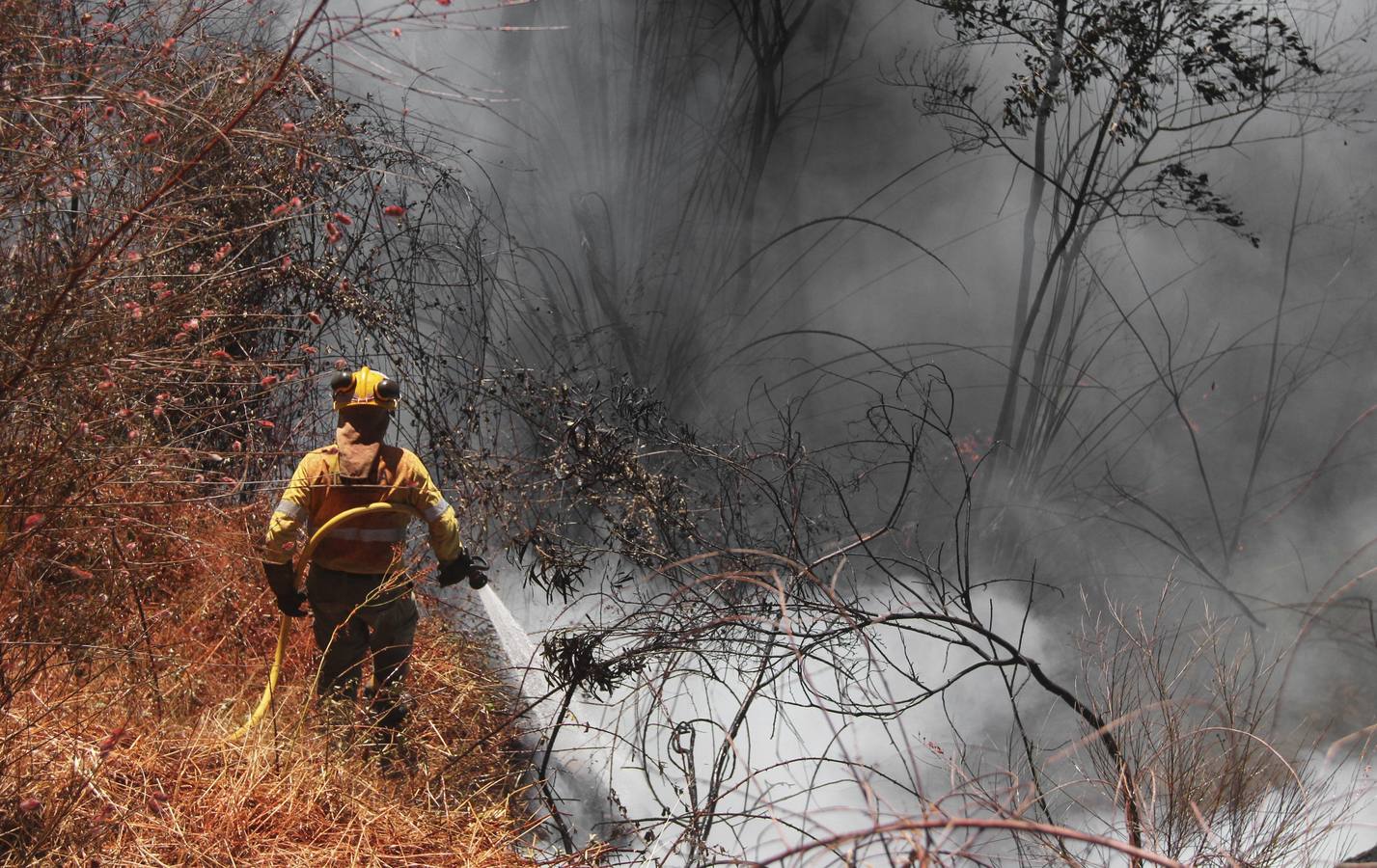 Un bombero del Infoca trabaja en las labores de extinción del incendio forestal declarado en la tarde de ayer en Minas de Riotinto (Huelva)