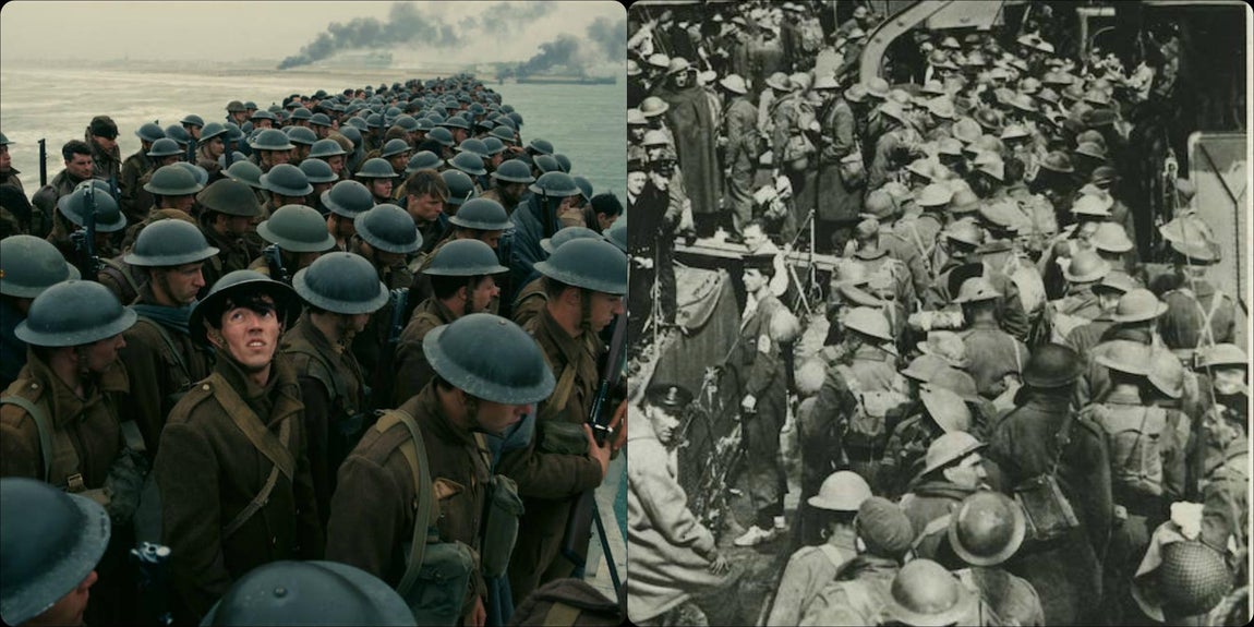 Dunkerque. A la izquierda, escena del «Dunkerque» de Nolan; a la derecha
