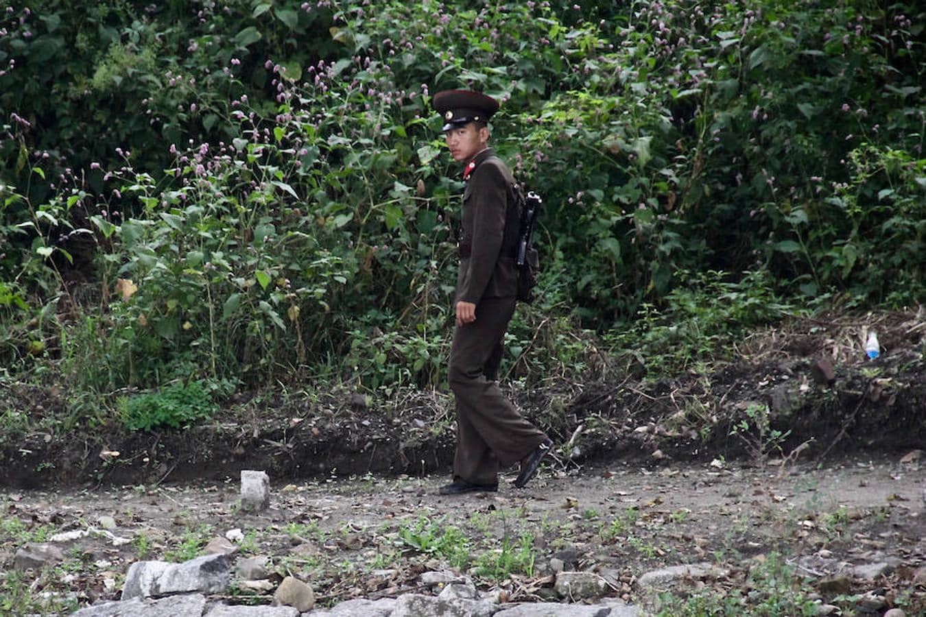 Soldados con cuerpos enjuntos y cara de niño vigilan la frontera de Corea del Norte y no dudan en apuntar a quien se acerca. 