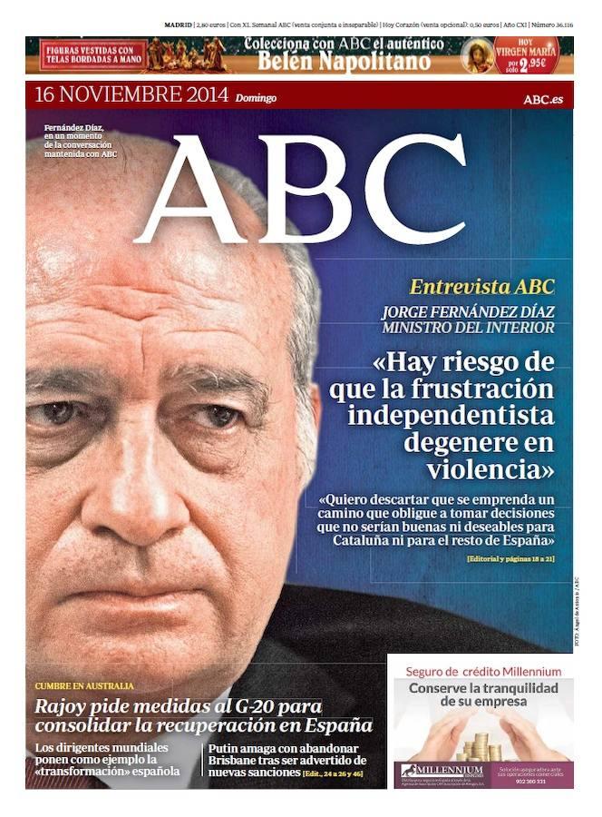 A finales de 2014, el entonces ministro del Interior, Jorge Fernández Díaz, avisaba de algo que se ha terminado produciendo. Fernández Díaz advirtió, en entrevista con ABC, del riesgo de altercados violentos como consecuencia de la tensión en Cataluña. 