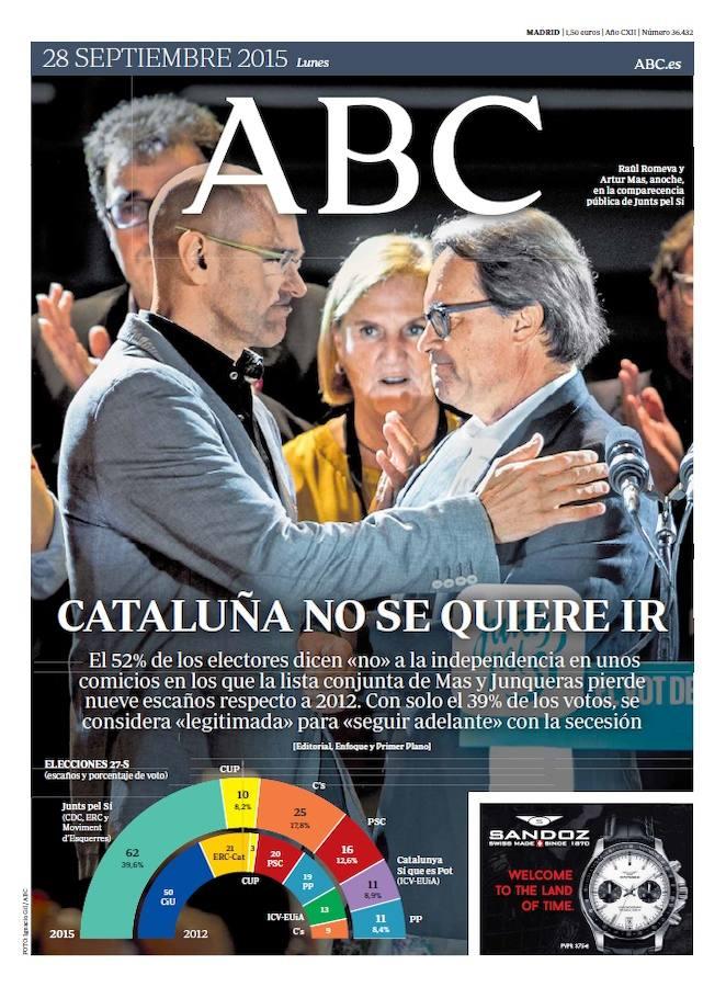 Los comicios del 27-S demostraron algo que ya se sabía: que el independentismo no es mayoritario en Cataluña. El 52% de los electores votaron partidos que no eran partidarios de la indepdencia. Sin embargo, la candidatura de Mas y Junqueras se consideró «legitimada» para seguir adelante con la secesión. 
