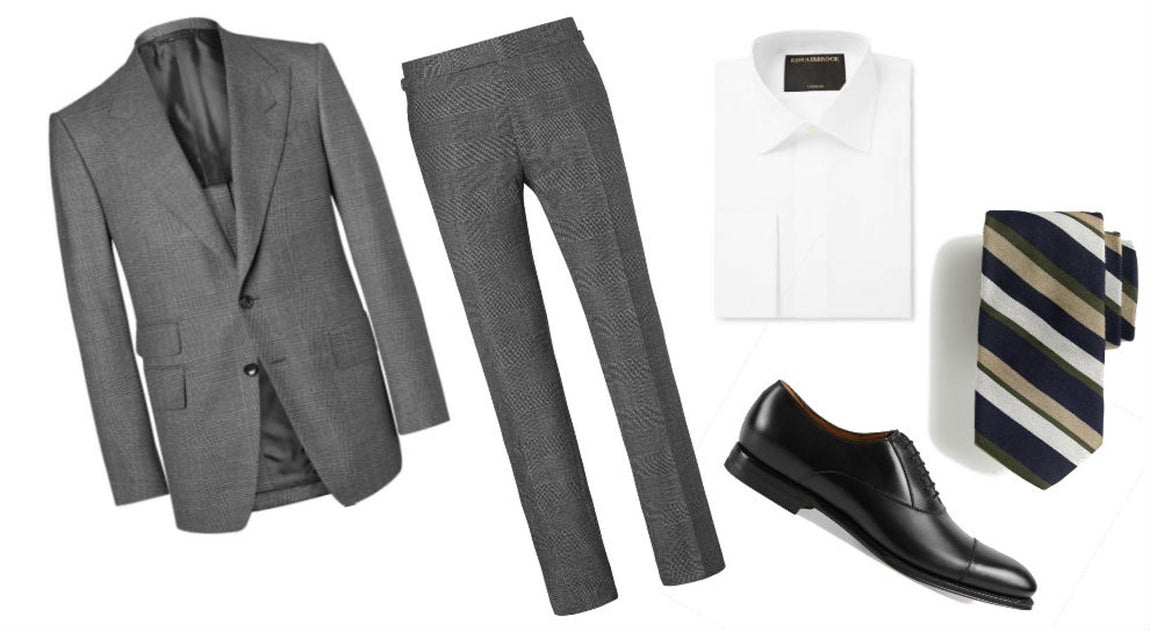 Look inspirado en Don Draper, de 'Mad men'. Traje gris de Tom Ford (Precio: 2885 euros la blazer y 885 euros en pantalón), camisa blanca de Favourbrook (Precio: 115 euros), corbata a rayas de JCrew (Precio: 67, 80 euros) y zapatos de Gucci (precio: 940 euros)