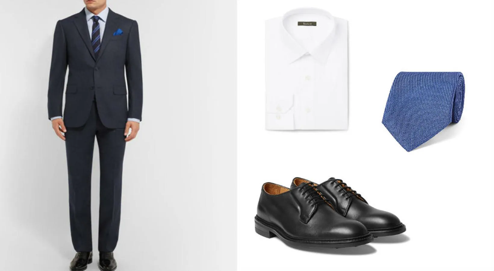 Look inspirado en Frank Underwood, de 'House of cards'. Traje azul de Ermenegildo Zegna (Precio: 1990 euros), camisa blanca de Berluti (Precio: 330 euros), corbata azul de Carvet (Precio: 195 euros) y zapatos de trickers (Precio: 490 euros).