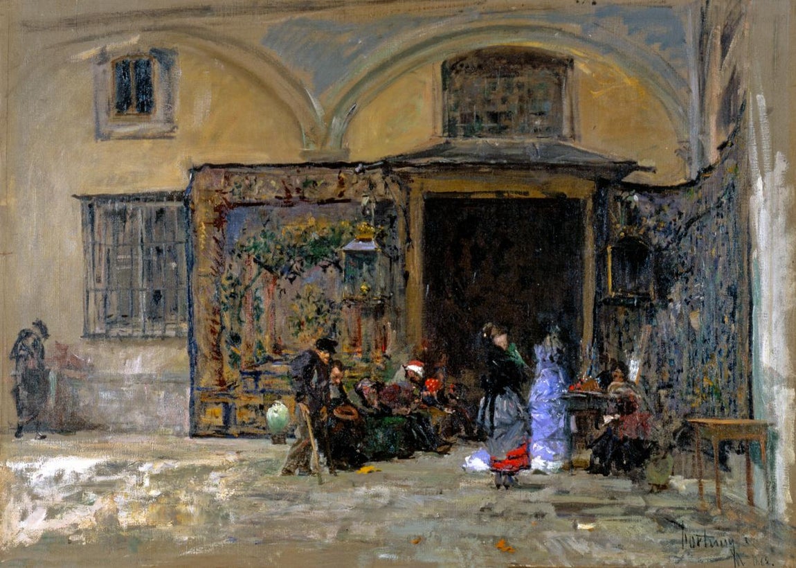 Aquí, el dibujo ocupa un segundo plano. El pintor quiere captar el ambiente a través de la luz y el color al estilo impresionista. «Pórtico de la iglesia de San Ginés», 1868.. 