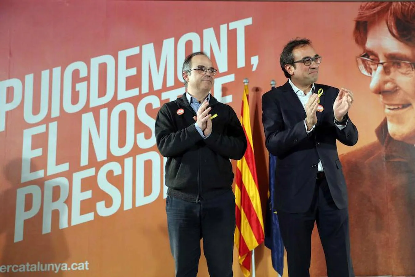 Los exconsellers y candidatos de Junts per Catalunya Jordi Turull y Josep Rull durante la rueda de prensa que han ofrecido hoy en Barcelona después de salir de prisión ayer por la tarde. 