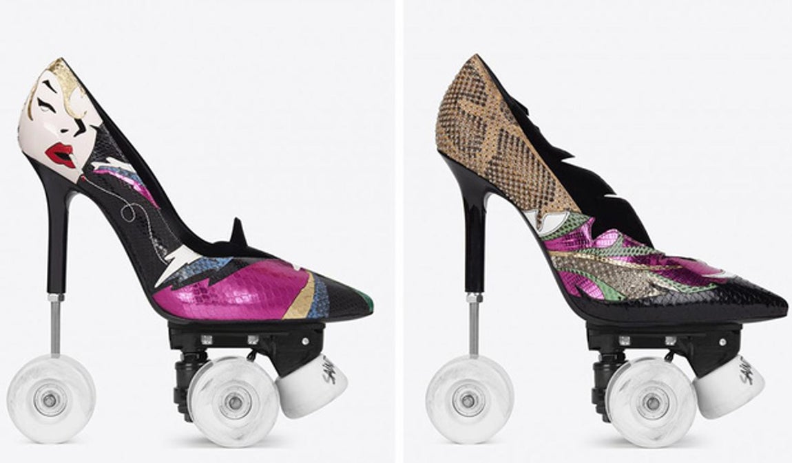 Yves Saint Laurent. Una oda a la niña que llevamos dentro, los <a href="https://www.abc.es/summum/estilo/moda/abci-excentricos-patines-stilettos-saint-laurent-201709041812_noticia.html" target="_blank">«patines stilettos»</a> de la casa francesa son probablemente el objeto más difícil de posar de 2017. Anthony Vaccarello ha captado la atención mediática con esta excentricidad teñida en colores vivos, cada uno de sus matices está cargado de nostalgia «ochentera». Su precio: 1.700 euros