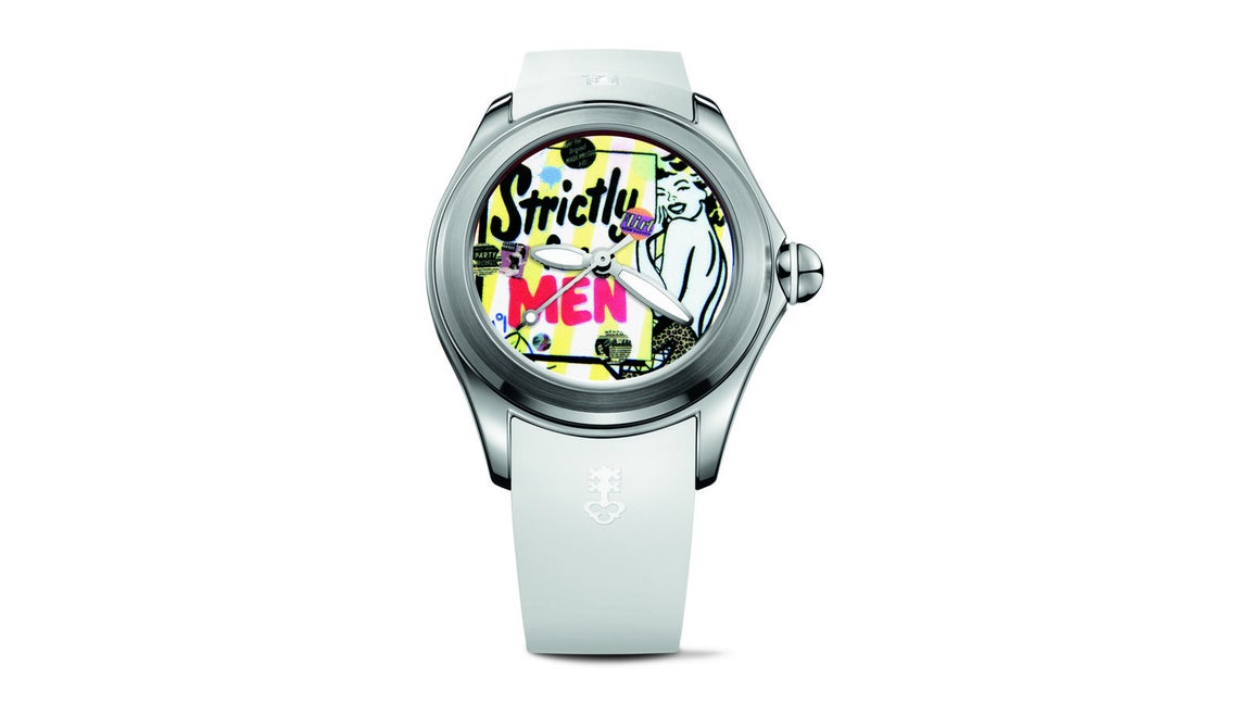 Bubble 42 Pop De la Nuez. La colección completa Corum Bubble de Nelson De La Nuez se ha presentado al público en Art Basel Miami en diciembre de 2017. El resultado han sido estos tres modelos en edición limitada a 88 ejemplares cada uno: Bubble Big Magical Pop De La Nuez con esfera de latón que representa el Club Diablo en caja de 47 mm; Bubble Big Magical Pop De La Nuez, cuya esfera presenta a un hombre rodeado de martinis en caja de titanio de 52 mm; Bubble 42 Pop De la Nuez con esfera de latón y un diseño «estrictamente para hombres» en caja de 42 mm. Un trío de ases de la cultura pop accionado por calibres manufactura de cuerda automática