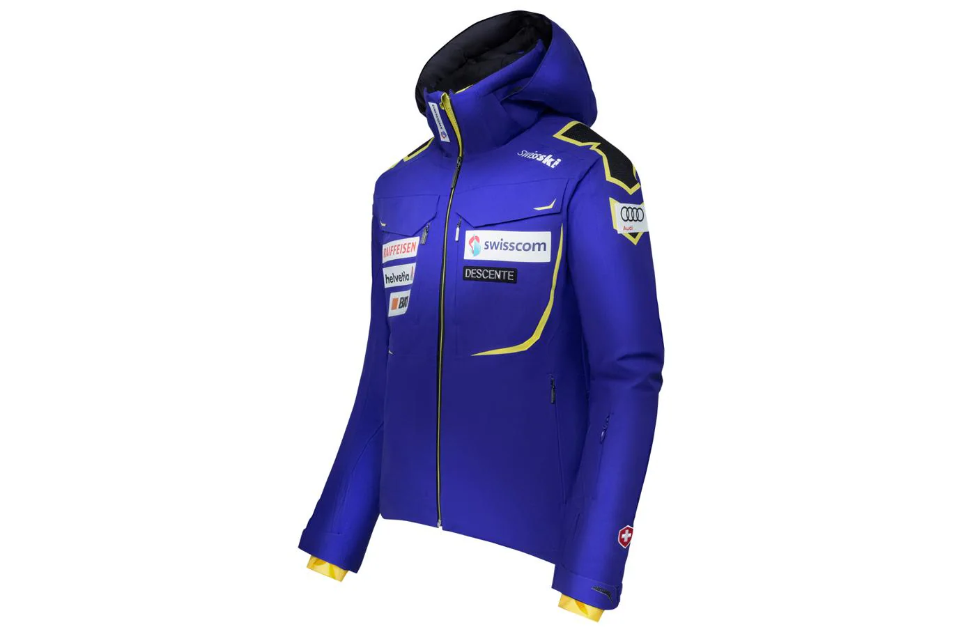Men's 2L Insulated Jacket. El Equipo Suizo de esquí, ha llevado al desarrollo de esta chaqueta para el equipo. Tiene tecnología D-Laser, varias ranuras para conecar los cascos. Precios: 790 euros