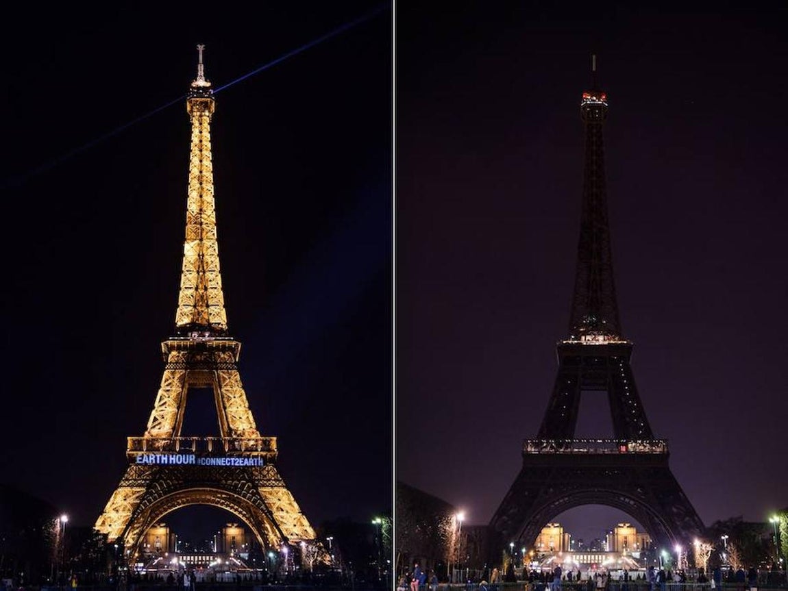 La Torre Eiffel de París (Francia) ha apagado sus luces durante la Hora del Planeta.. 