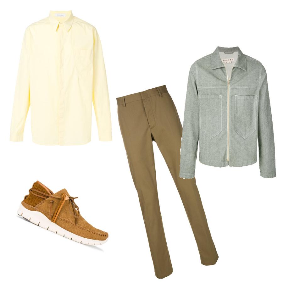 Look de entretiempo para casual Friday en tonos tierra. Los tonos tierra se mezclan con los pastel gracias a estos pantalones verdes de Lanvin (Precio: 425 euros), camisa amarilla de CedrochCharlier (Precio: 255 euros), chaqueta de Marni (Precio: 520 euros) y zapatillas en color camal de Vicvim (Precio: 1040 euros).