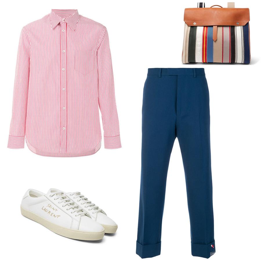 Look de entretiempo para casual Friday en azul y rojo. Para los más atrevidos, este pantalón azul de Gucci (Precio: 890 euros) es genial si se luce con una camisa a rayas en blanco y rojo como esta de Maison Margiela (Precio: 380 euros), unas zapatillas blancas de caña baja como las que propone Saint Laurent (Precio: 595 euros) y una original mochila también a rayas de Maison Margiela (Precio: 1250 euros)