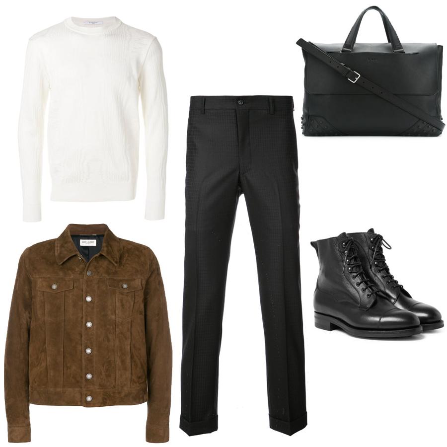 Look de entretiempo para casual Friday estilo ‘seventies’. Dale un aire sementero a tu estilismo con una chaqueta de ante como esta de Saint Laurent (Precio: 1990 euros), un pantalón negro de Cosme des Garçons (Precio: 1086 euros), jersey blanco de Givenchy (Precio: 590 euros), botines con cordones de Edward Green (Precio: 1305 euros) y bolso negro tipo tote, de Tods (Precio: 1557 euros).
