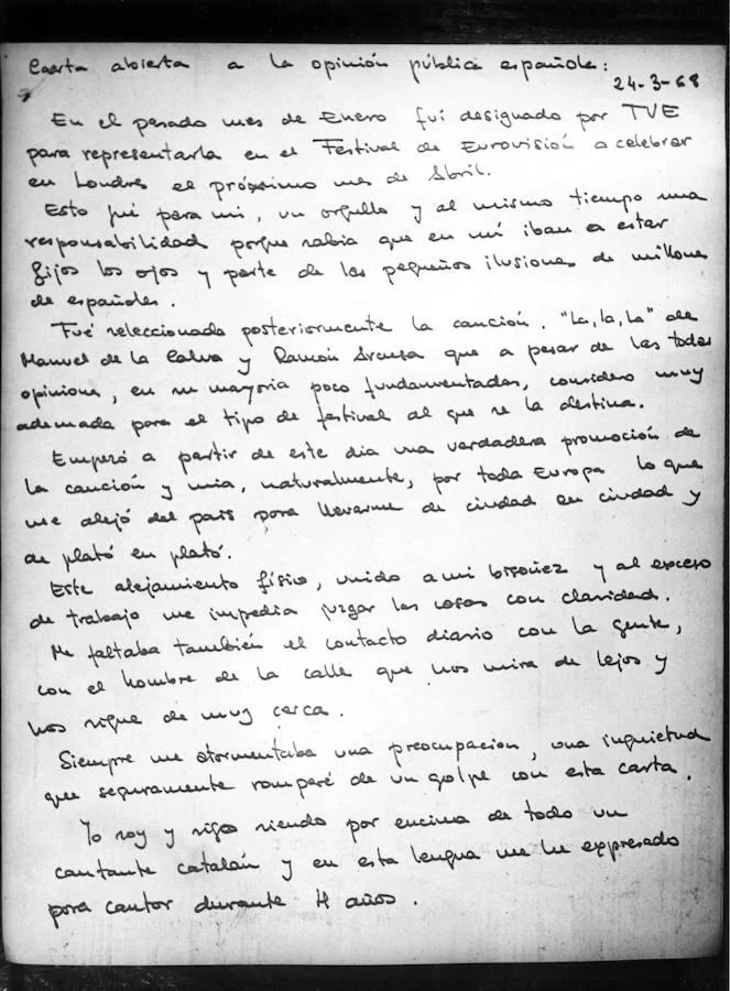 Carta manuscrita por Joan Manuel Serrat donde explica sus motivos para renunciar a representar a España en Eurovisión si no puede hacerlo en catalán. 
