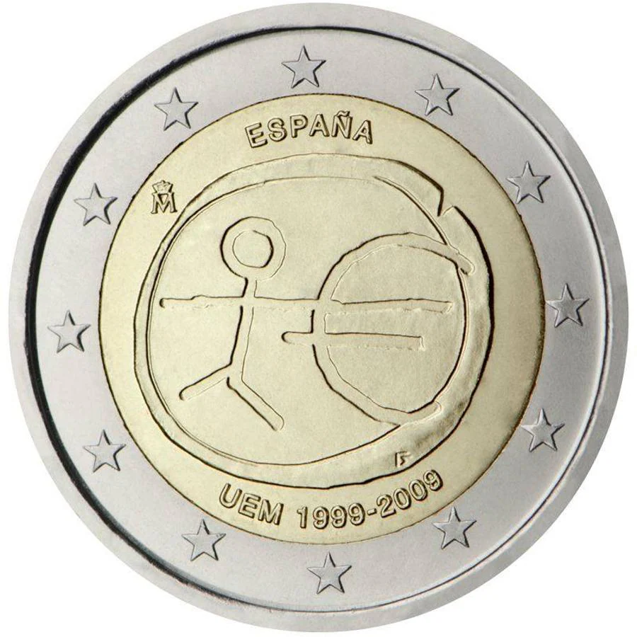 España (2009): en nuestro país también contamos con una moneda de dos euros cuyo precio se ha revalorizado considerablemente. Se trata de la acuñada en 2009 para conmemorar el aniversario de la Unión Económica y Monetaria. Por ella se pagan hasta 60 euros.. 