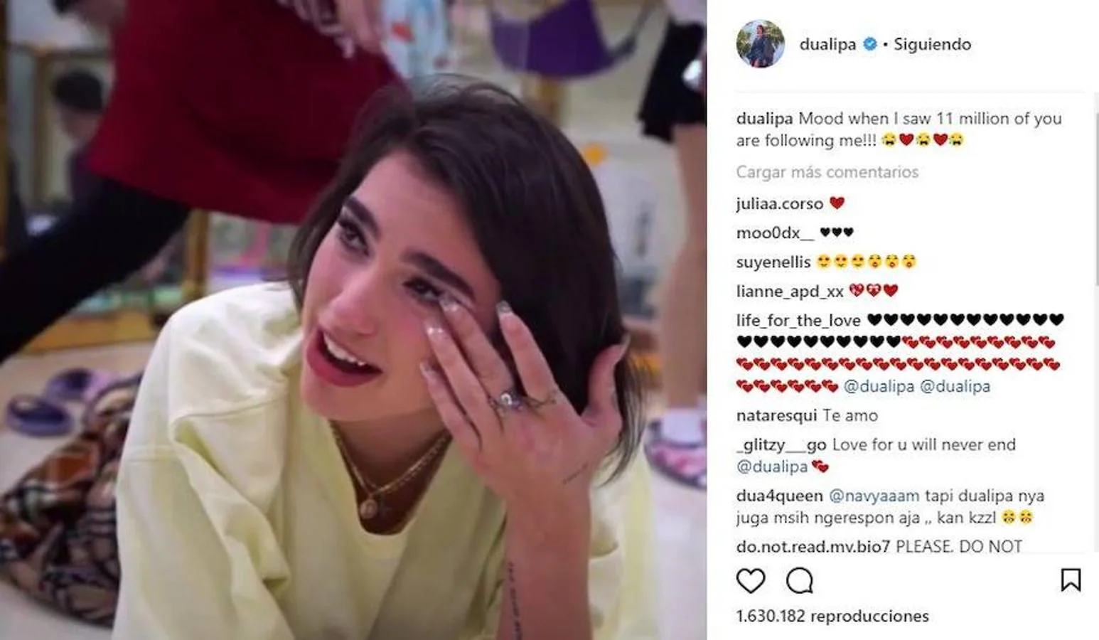 Dua Lipa. La cantante celebra con un «emotivo» gif que ha alcanzado los 11 millones de seguidores en su cuenta de Instagram