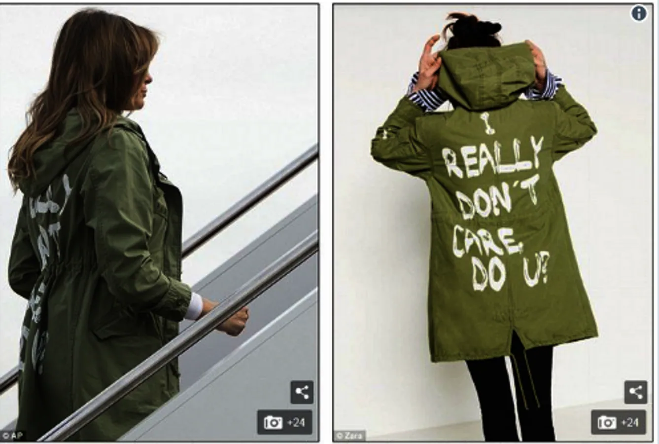 Melania Trump y la polémica chaqueta de Zara. La primera dama estadounidense aparece subiendo al avión en la base militar Andrews, cerca de Washington para ir a visitar a los niños inmigrantes, con una parka de estilo militar con una leyenda en la espalda en letras blancas de gran tamaño. «En realidad no me importa, ¿a ti?».